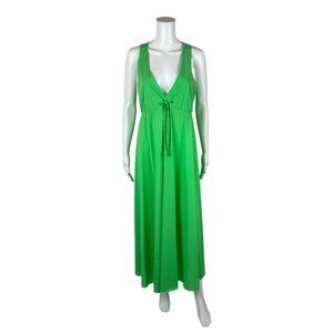 Vintage 70s Lime Nightgown Women's Medium Green Deep V Bow Neckline Racerback